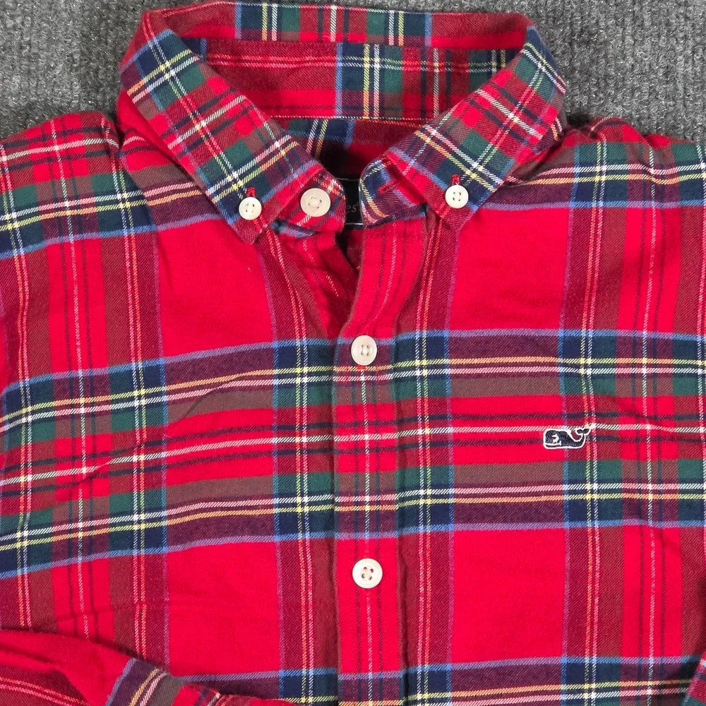 Vineyard Vines Boys Red Tartan Plaid Whale Shirt Button Down Size M 12-14